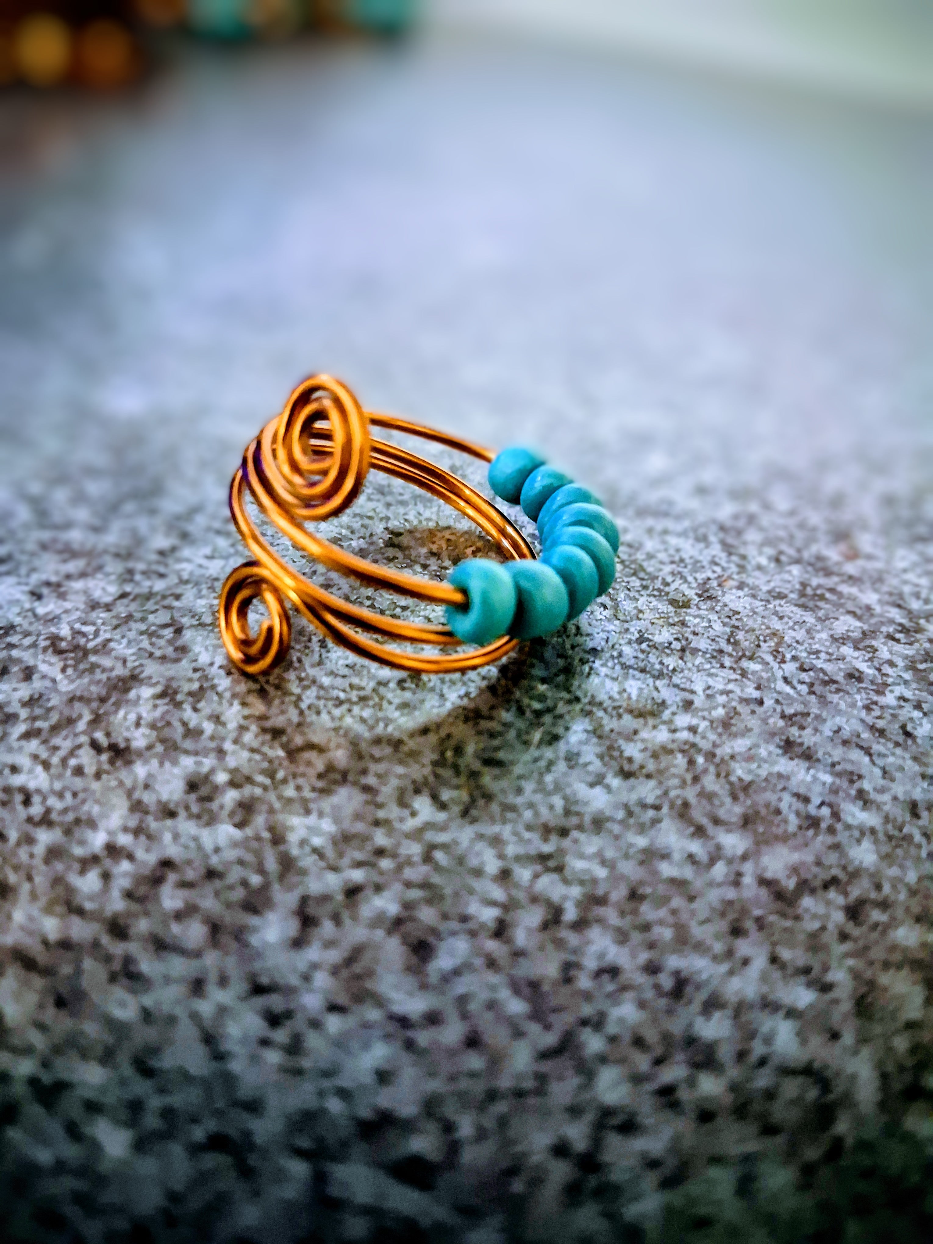 Handmade Copper Spinner Ring with Turquoise Colour Beads – Fidget Ring for Calm