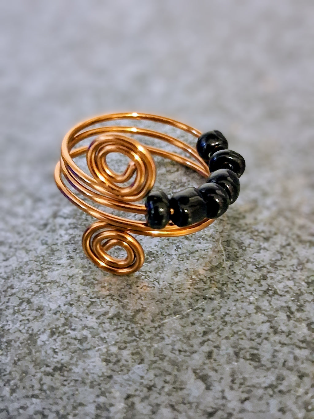 Copper Spiral Fidget Ring – Handmade Adjustable Anxiety Ring with Black Beads