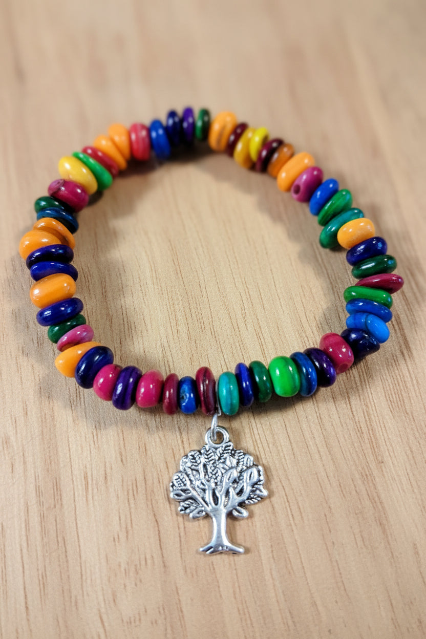 Vibrant Multicolour Shell Bracelet with Tree of Life Charm – Handmade, Uplifting Energy