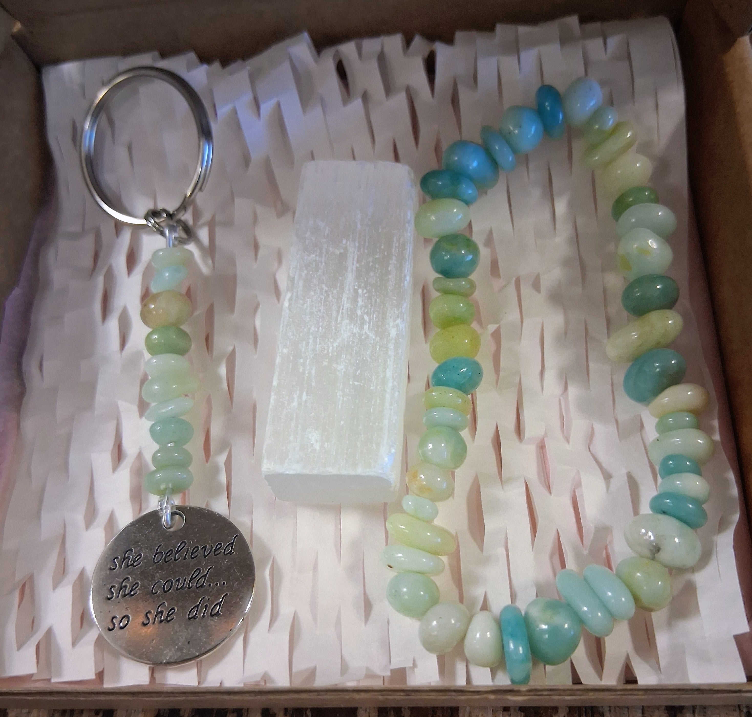 Amazonite Crystal Gift Set – Bracelet, Selenite & Affirmation Keyring