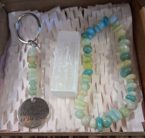 Amazonite Crystal Gift Set – Bracelet, Selenite & Affirmation Keyring