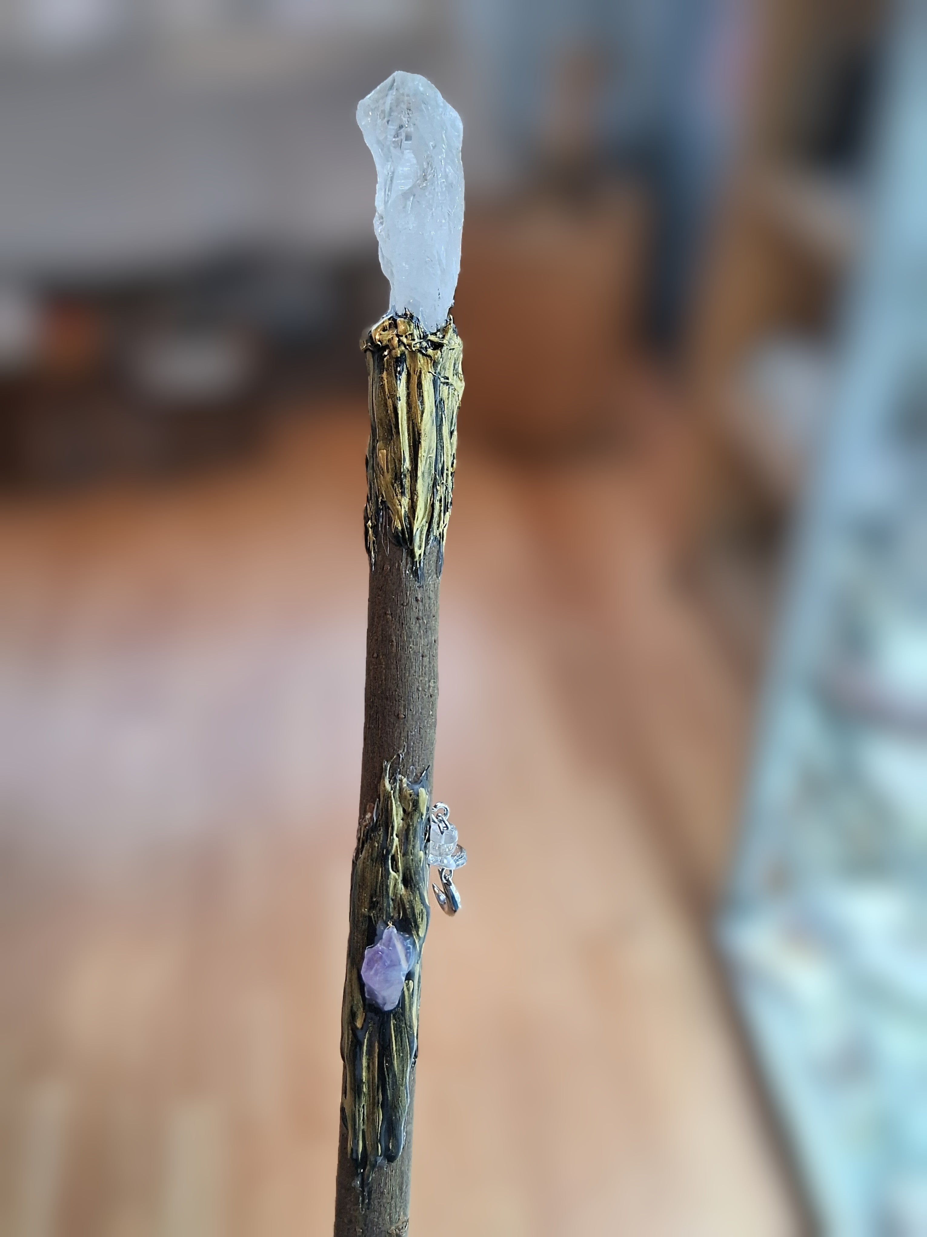 Clear Quartz Tip Energy Wand – Handmade with Amethyst & Hanging Quartz Chips and Crescent Moon Charm