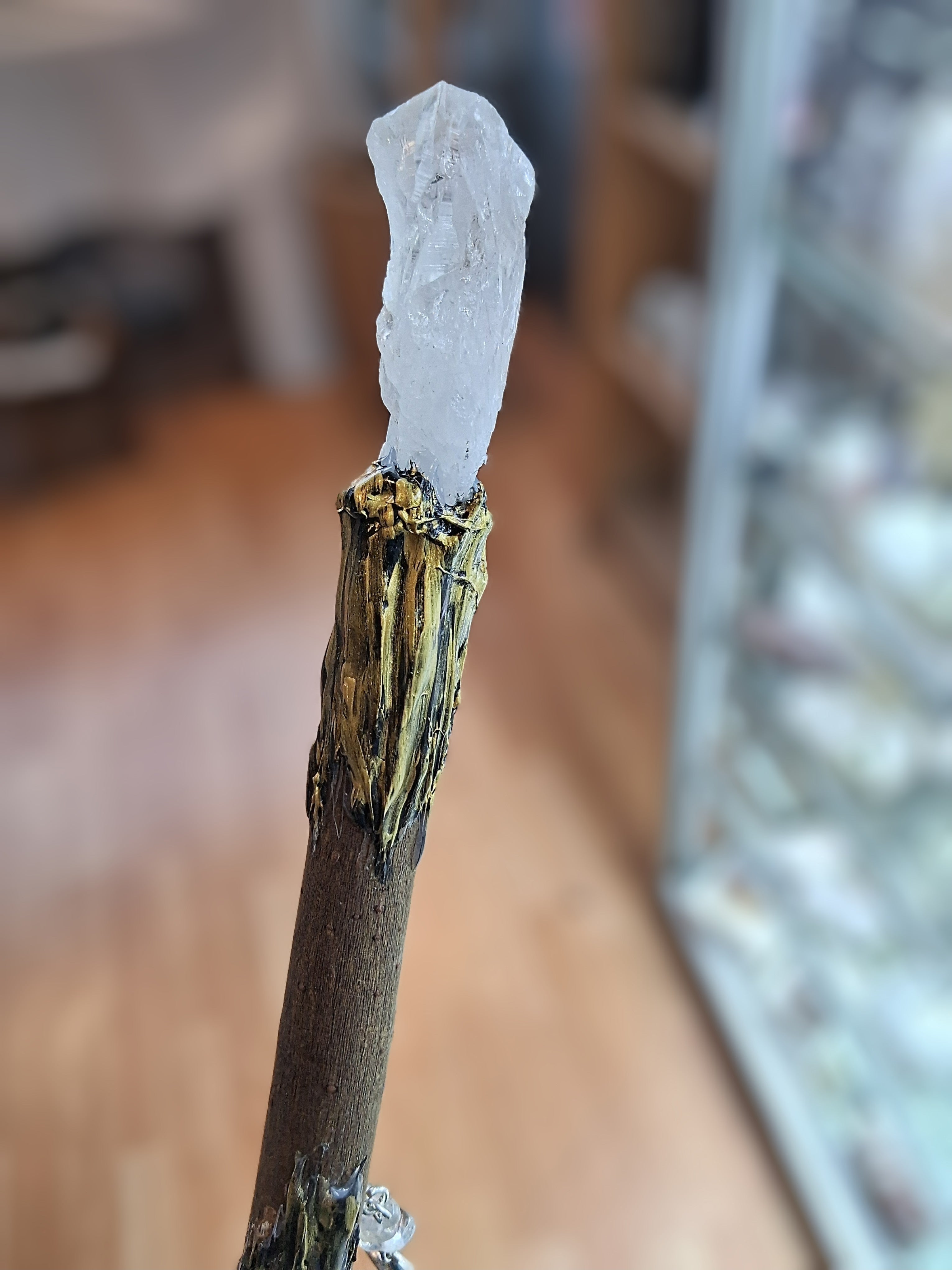 Clear Quartz Tip Energy Wand – Handmade with Amethyst & Hanging Quartz Chips and Crescent Moon Charm