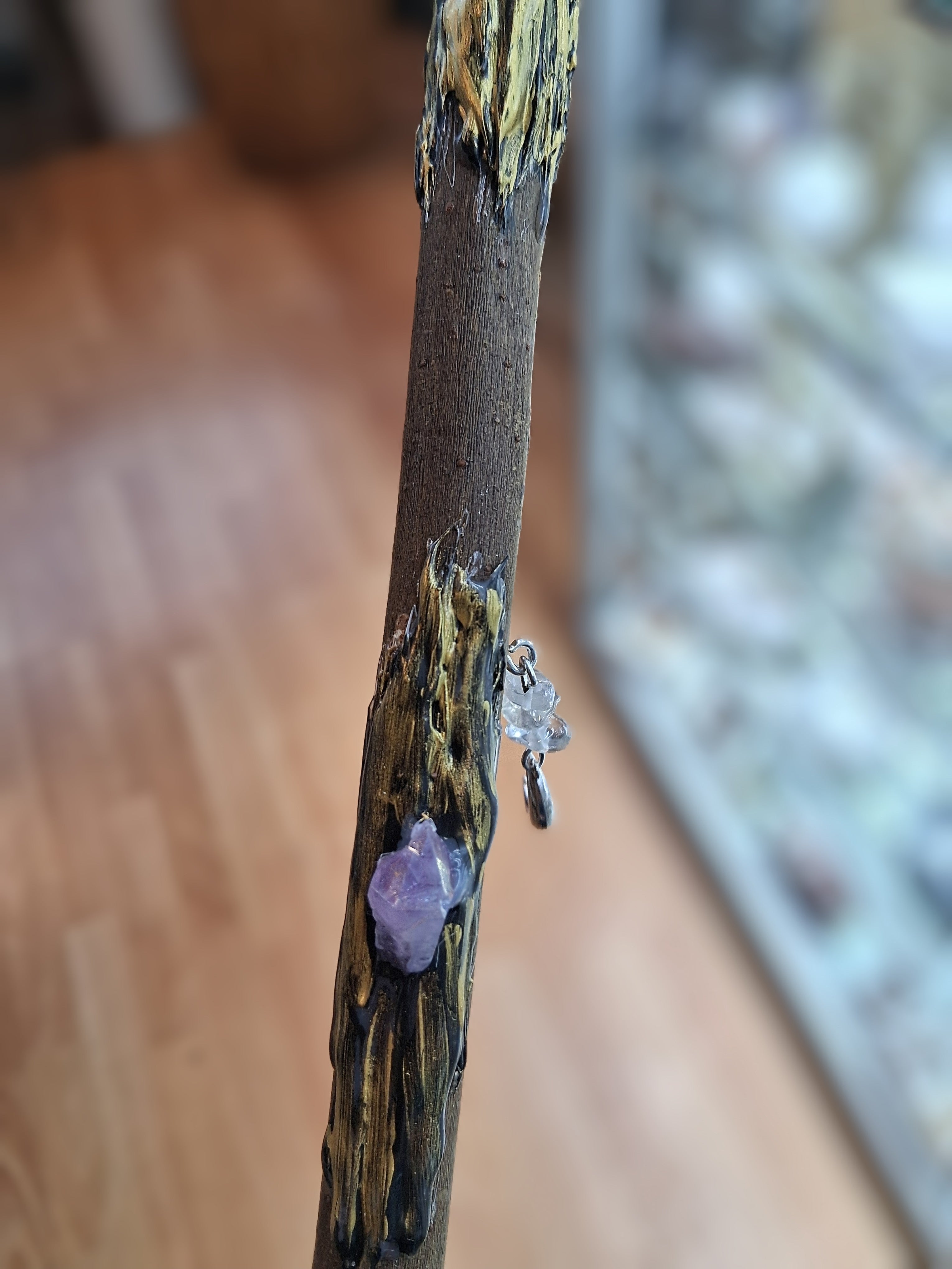 Clear Quartz Tip Energy Wand – Handmade with Amethyst & Hanging Quartz Chips and Crescent Moon Charm