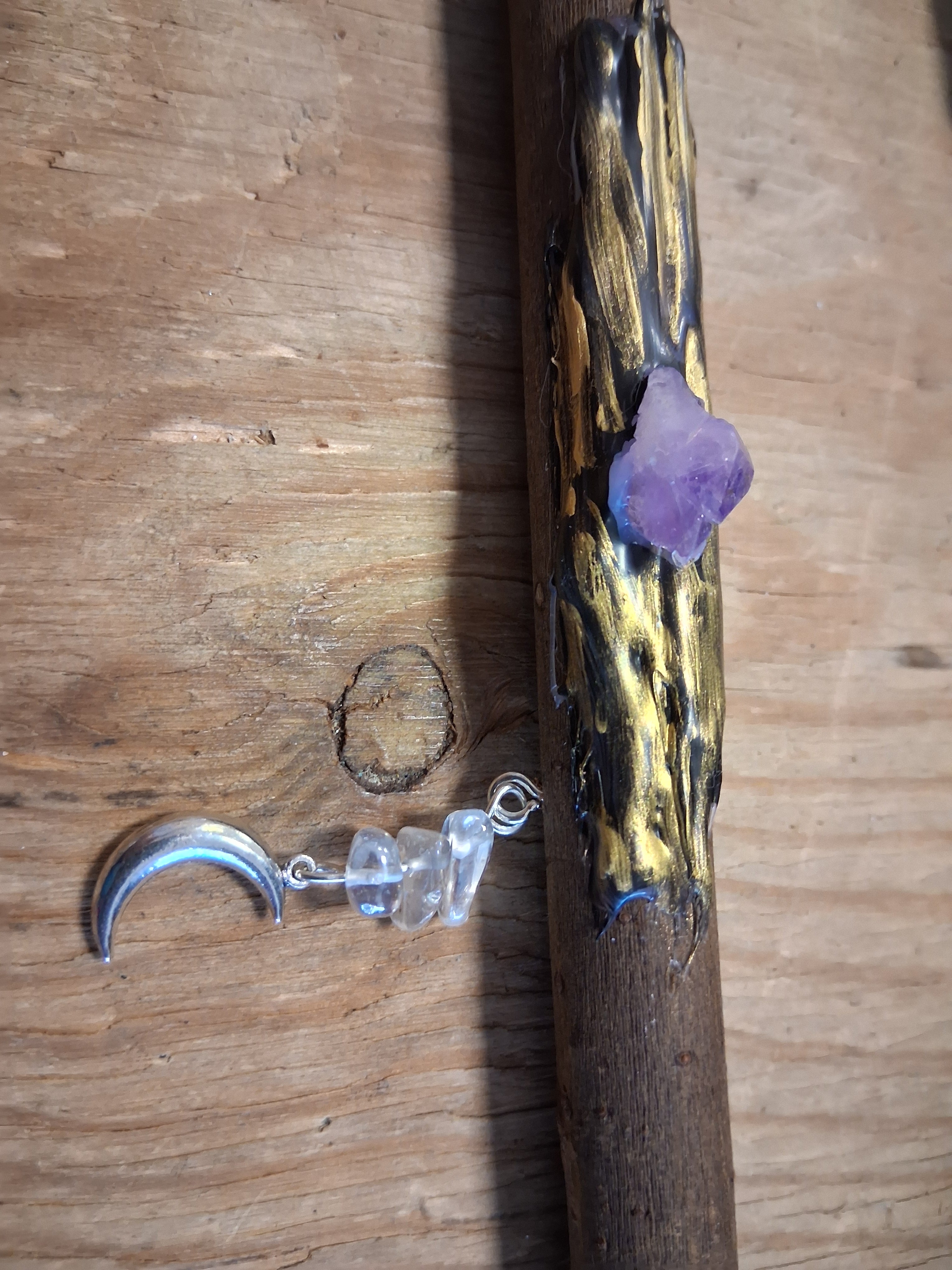 Clear Quartz Tip Energy Wand – Handmade with Amethyst & Hanging Quartz Chips and Crescent Moon Charm