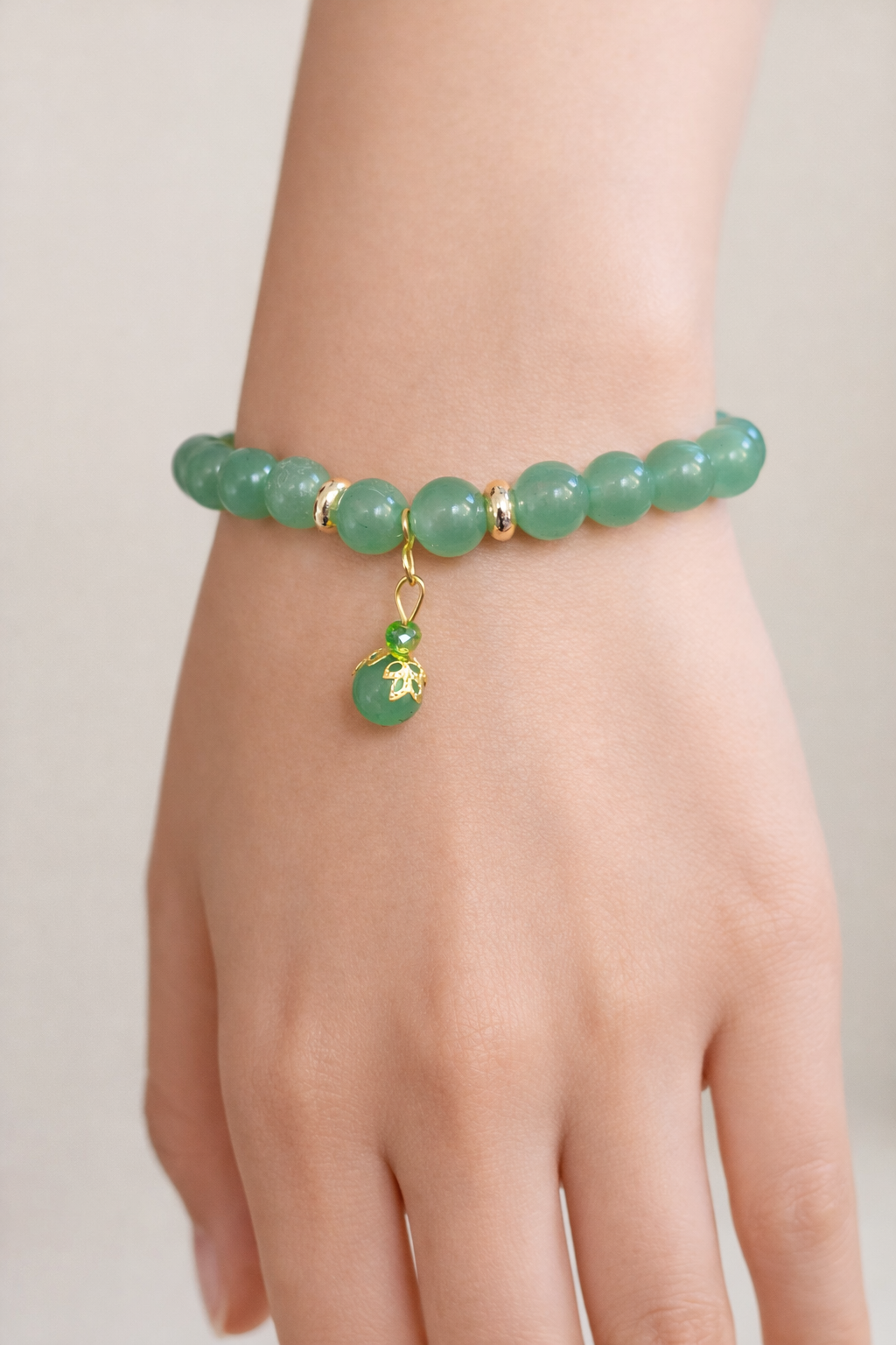 Green Aventurine Beaded Bracelet with Aventurine Drop Charm & Gold Cap – Handmade