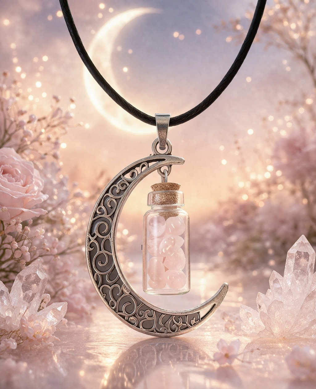 Crescent Moon Pendant with Rose Quartz Chip Bottle Necklace