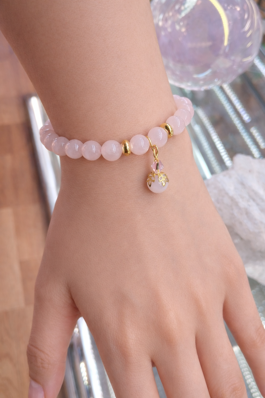Rose Quartz Bracelet – Handmade with Gold Charm | Love, Calm & Emotional Healing
