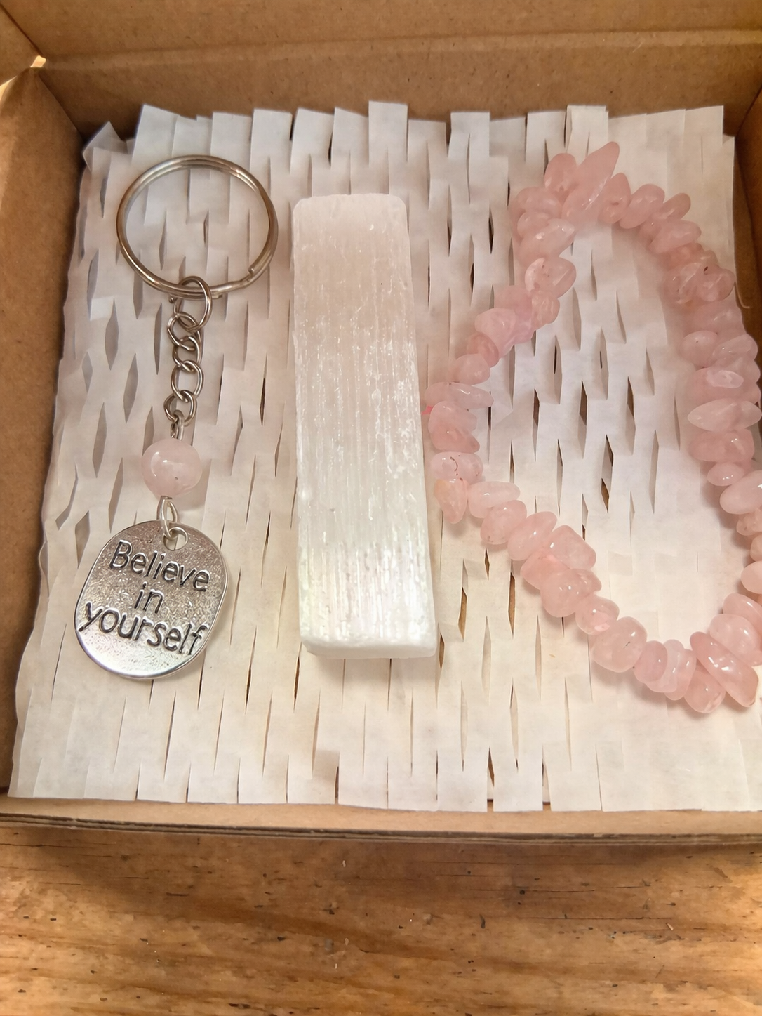 Rose Quartz & Selenite Gift Box – Self Love Affirmation Set