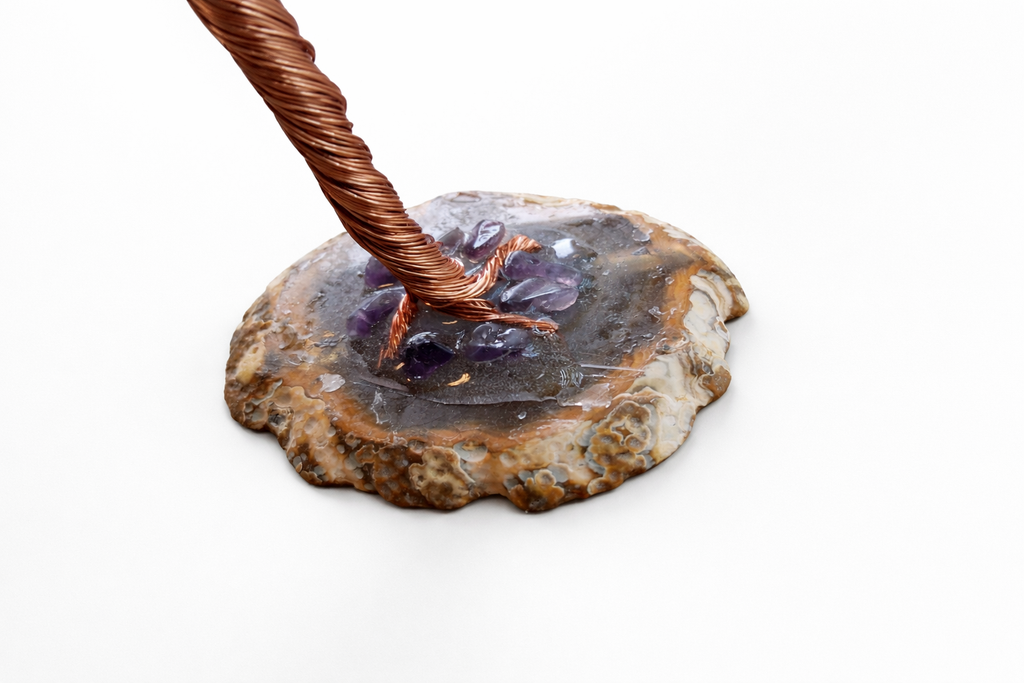 ✨Amethyst Crystal Tree of Life on Agate Slice – Copper Wire ✨