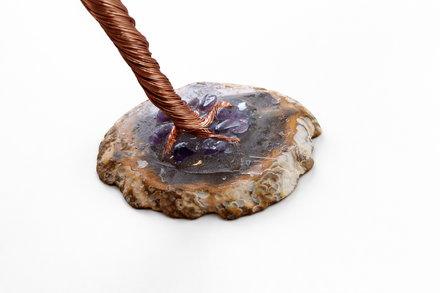 ✨Amethyst Crystal Tree of Life on Agate Slice – Copper Wire ✨