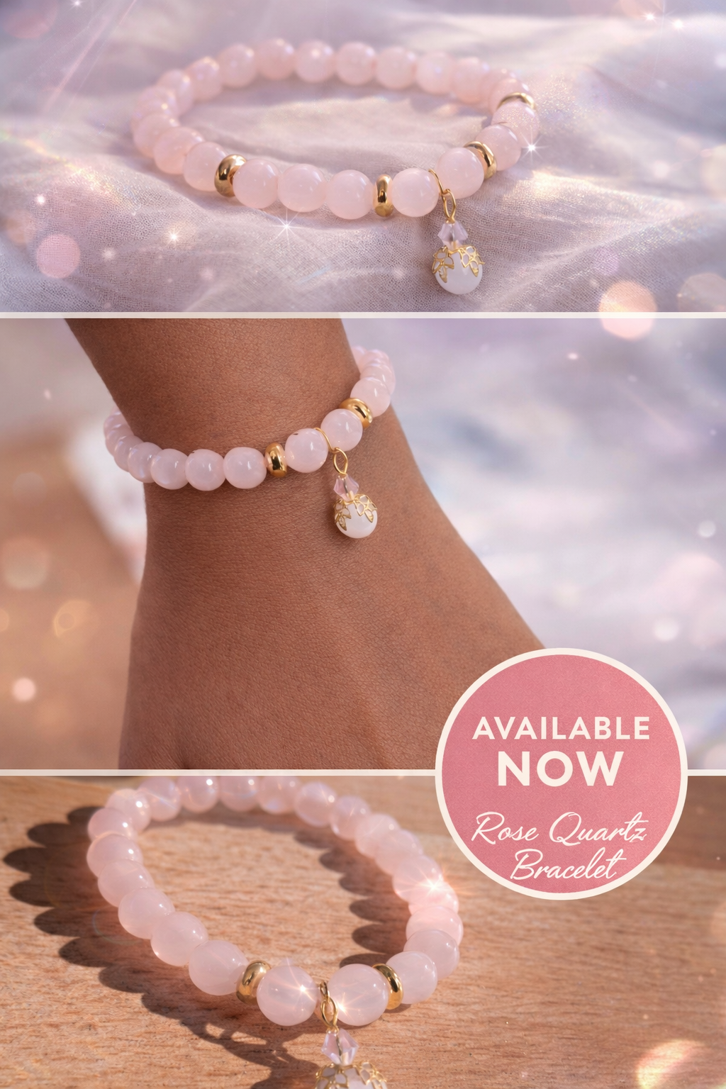 Rose Quartz Bracelet – Handmade with Gold Charm | Love, Calm & Emotional Healing