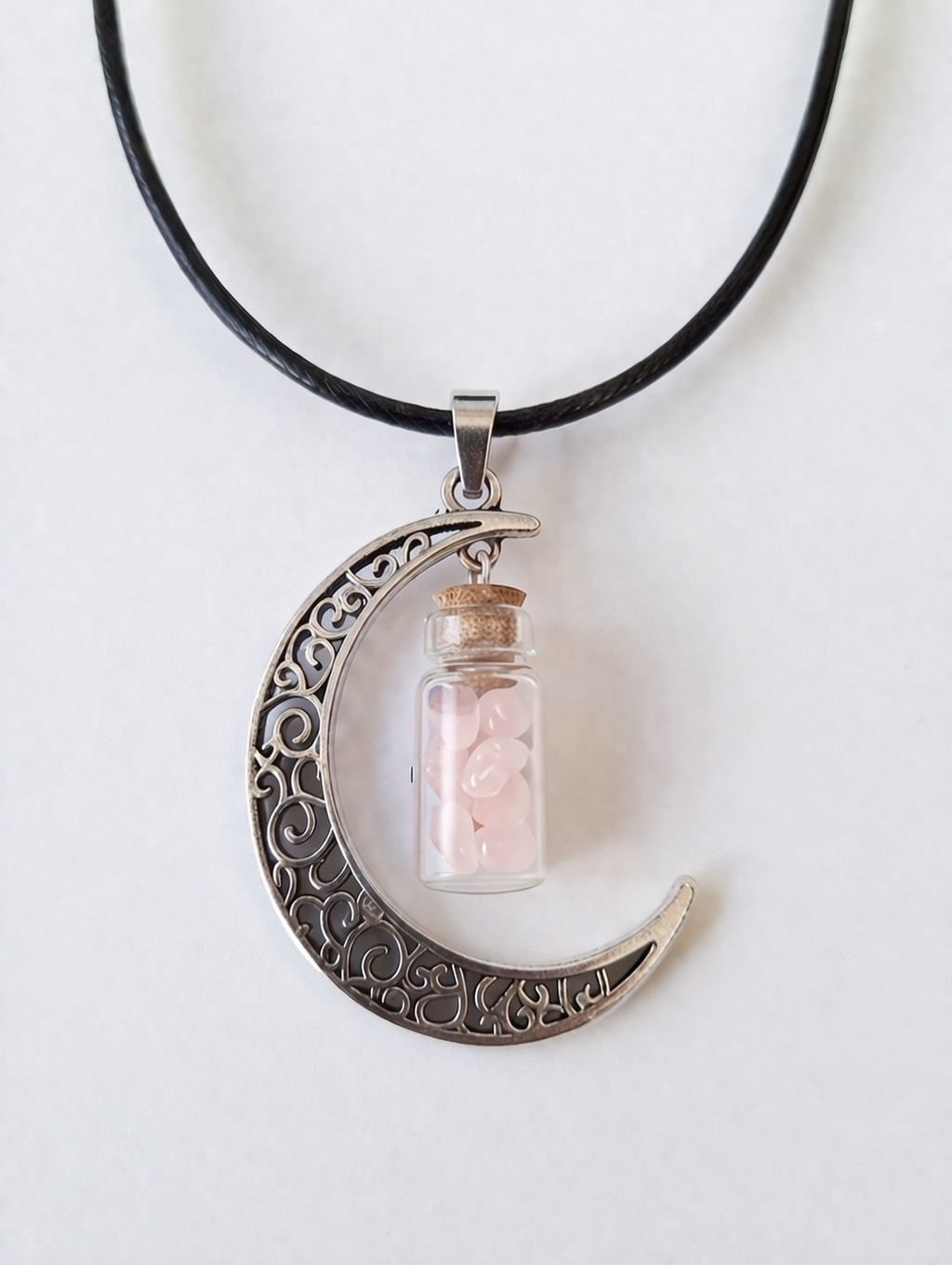 Crescent Moon Pendant with Rose Quartz Chip Bottle Necklace