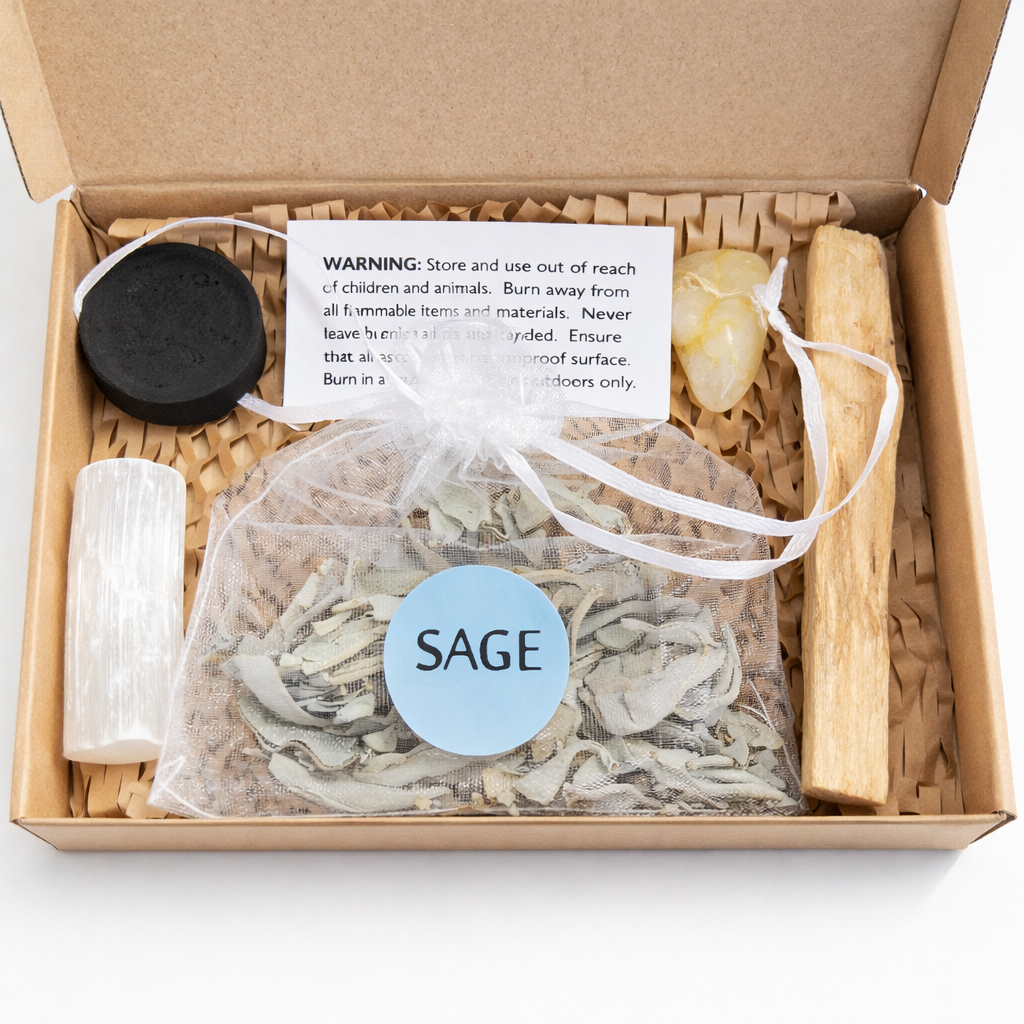Sage Cleansing Kit Gift Set – Selenite Crystal, Palo Santo & Charcoal