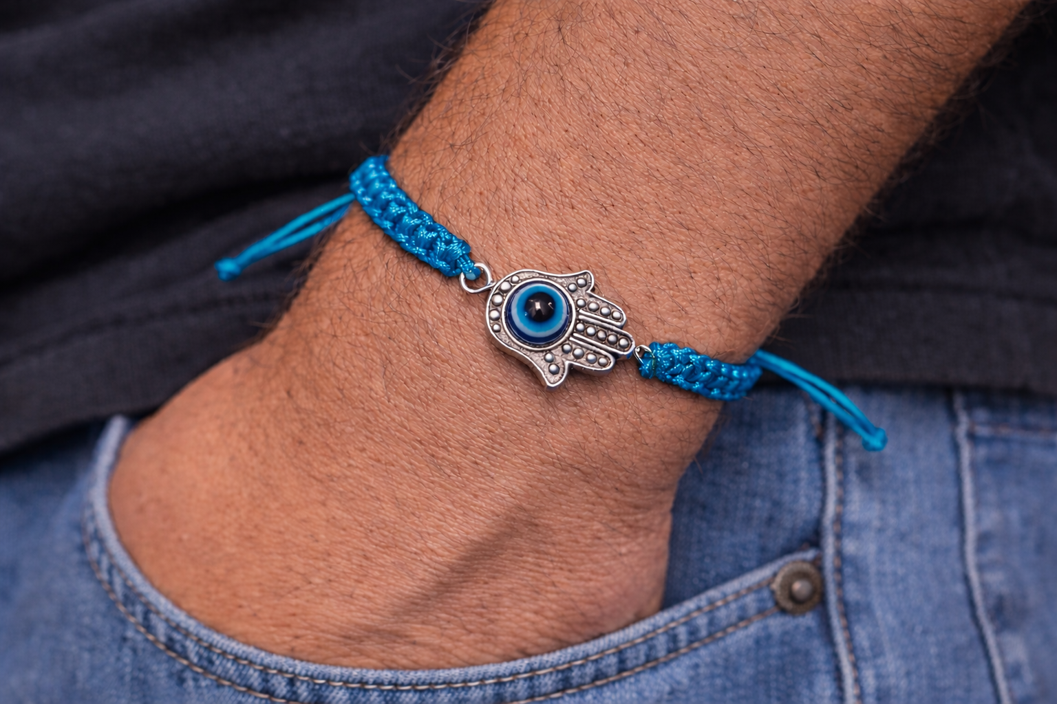 Adjustable Turquoise Cord Evil Eye Bracelet – Hamsa Hand Charm
