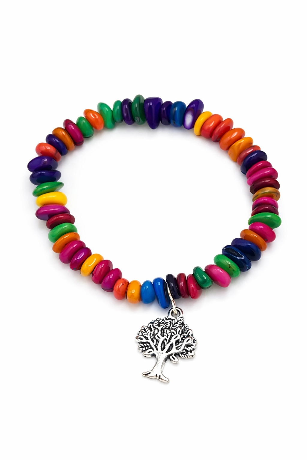 Vibrant Multicolour Shell Bracelet with Tree of Life Charm – Handmade, Uplifting Energy