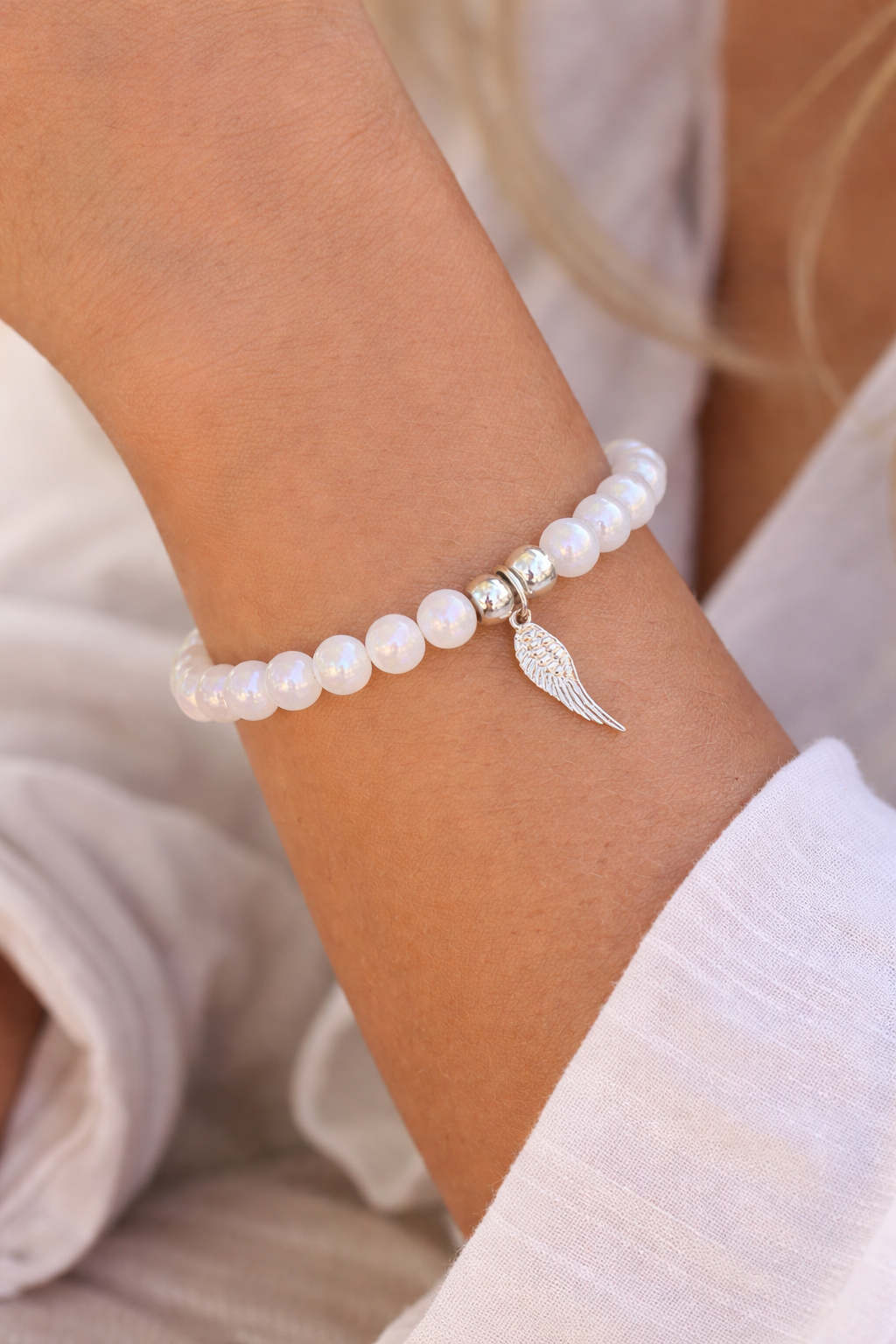 Handmade Moonstone Bracelet with Sterling Silver Angel Wing – Electroplated Crystal Bracelet Gift