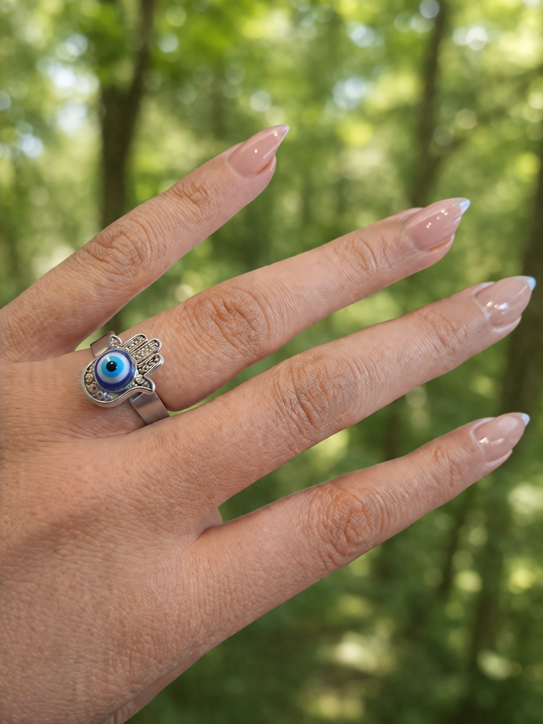 Handmade Evil Eye Hamsa Ring – Protective Energy Adjustable Band