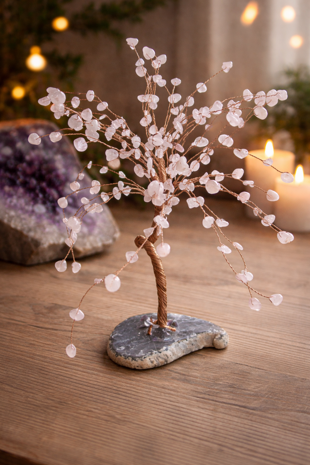 Rose Quartz Crystal Tree on Agate Base – Copper Wire | Loving Energy ✨