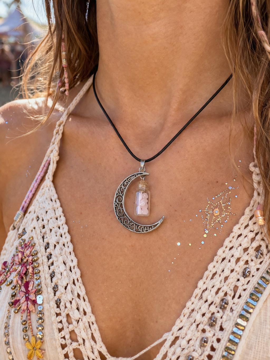 Crescent Moon Pendant with Rose Quartz Chip Bottle Necklace