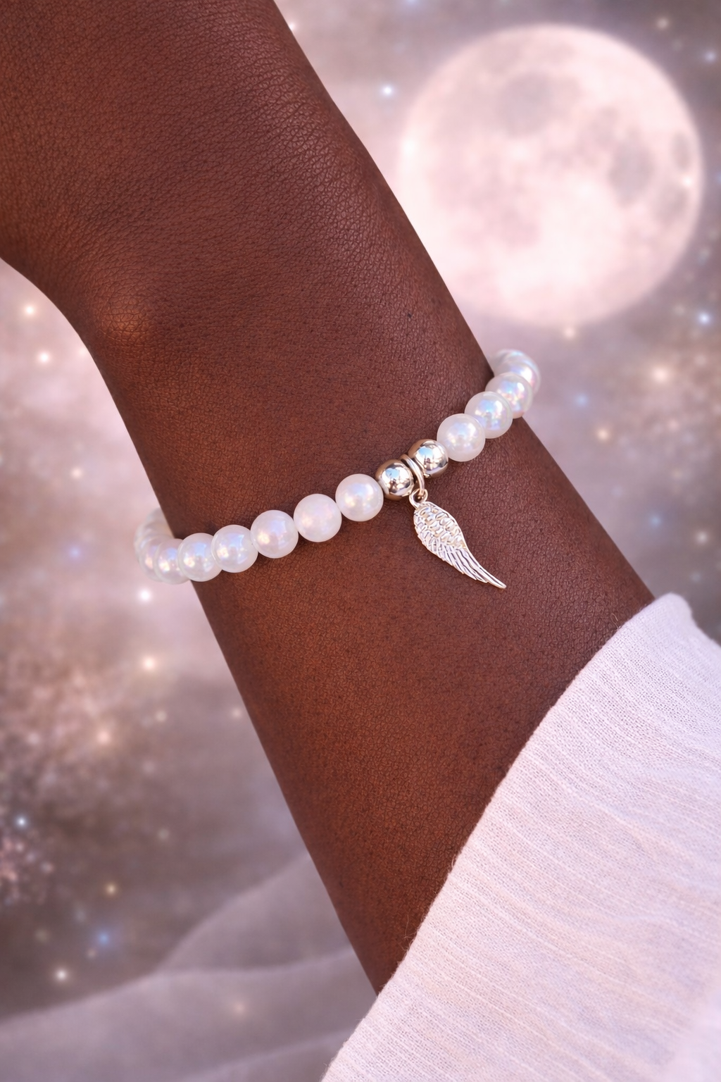 Handmade Moonstone Bracelet with Sterling Silver Angel Wing – Electroplated Crystal Bracelet Gift