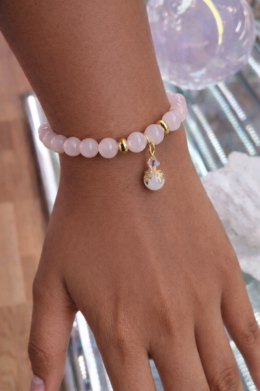Rose Quartz Bracelet – Handmade with Gold Charm | Love, Calm & Emotional Healing