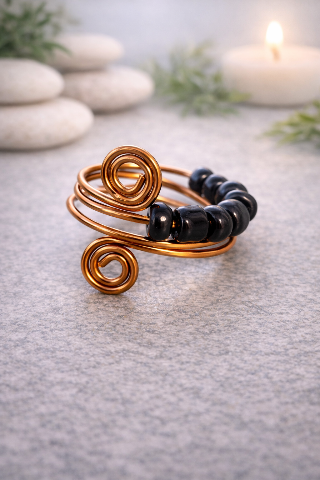 Copper Spiral Fidget Ring – Handmade Adjustable Anxiety Ring with Black Beads