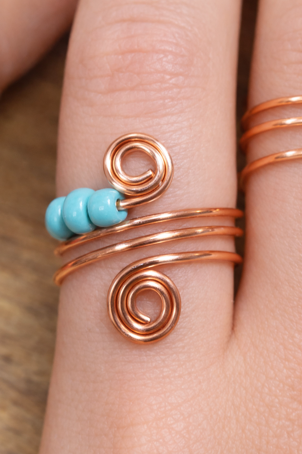 Handmade Copper Spinner Ring with Turquoise Colour Beads – Fidget Ring for Calm