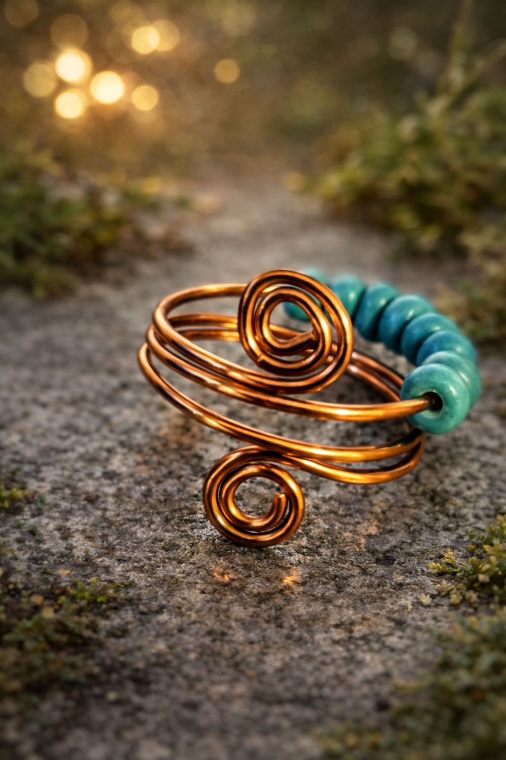 Handmade Copper Spinner Ring with Turquoise Colour Beads – Fidget Ring for Calm