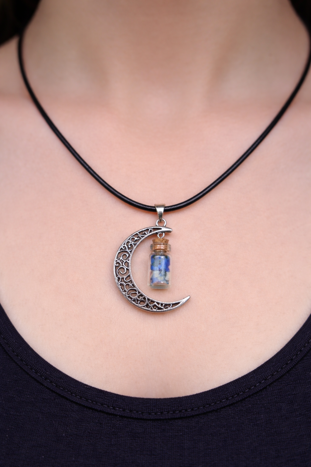 Crescent Moon Pendant with Lapis Lazuli Chip Bottle Necklace