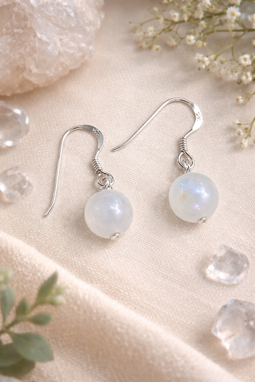 Handmade Moonstone Earrings – 8mm Electroplated Beads | Sterling Silver 925