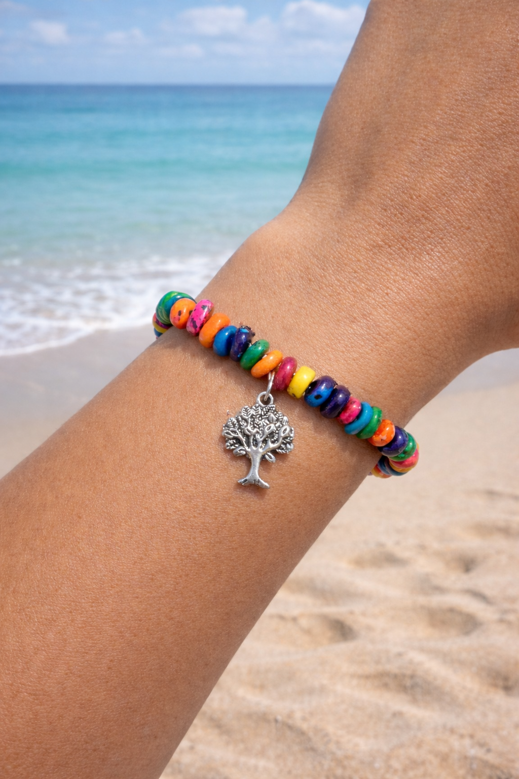 Vibrant Multicolour Shell Bracelet with Tree of Life Charm – Handmade, Uplifting Energy