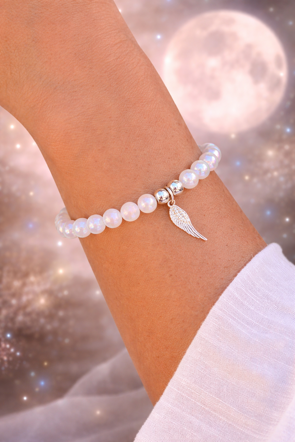 Handmade Moonstone Bracelet with Sterling Silver Angel Wing – Electroplated Crystal Bracelet Gift