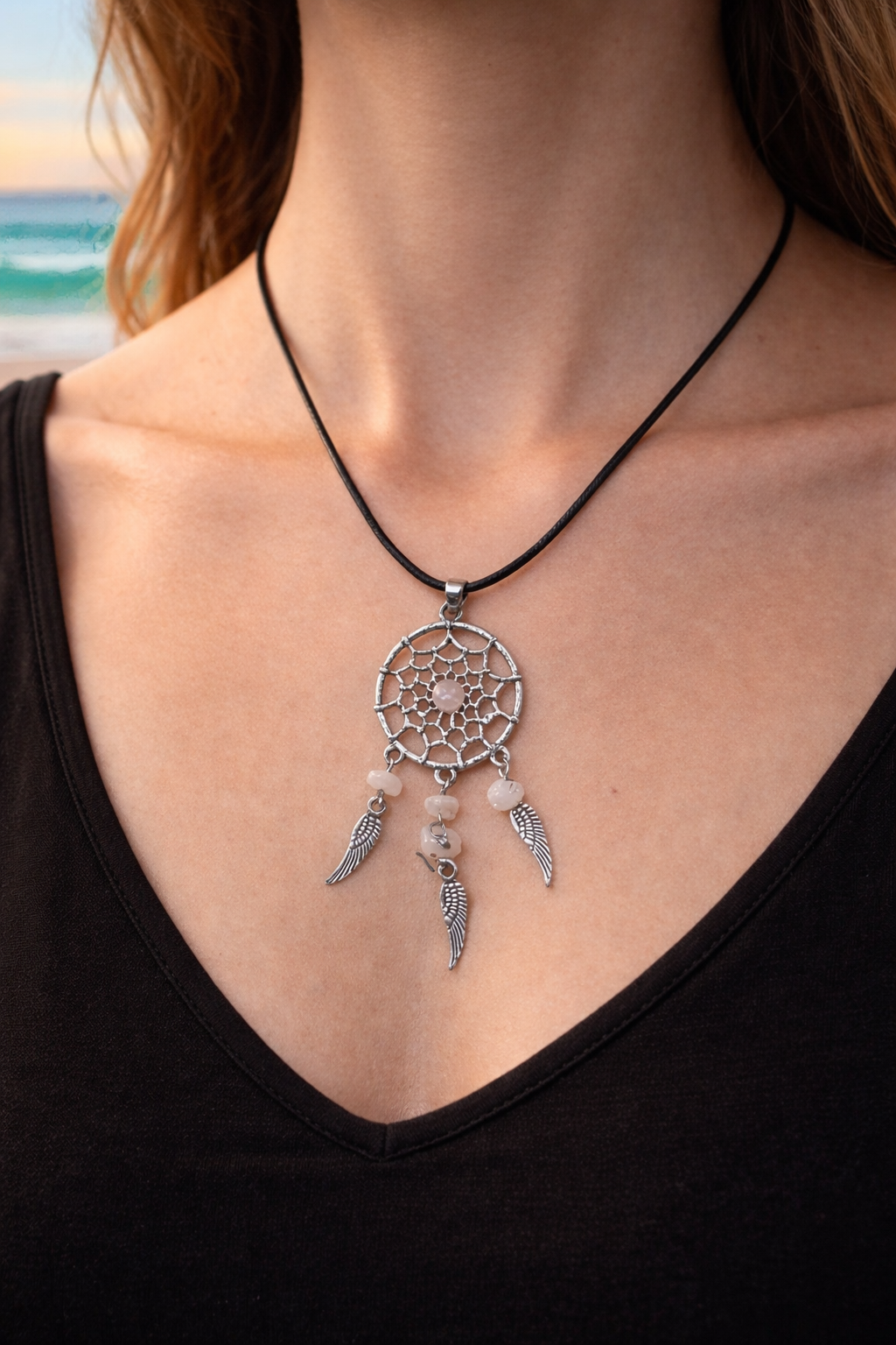 Dream Catcher Pendant Rose Quartz