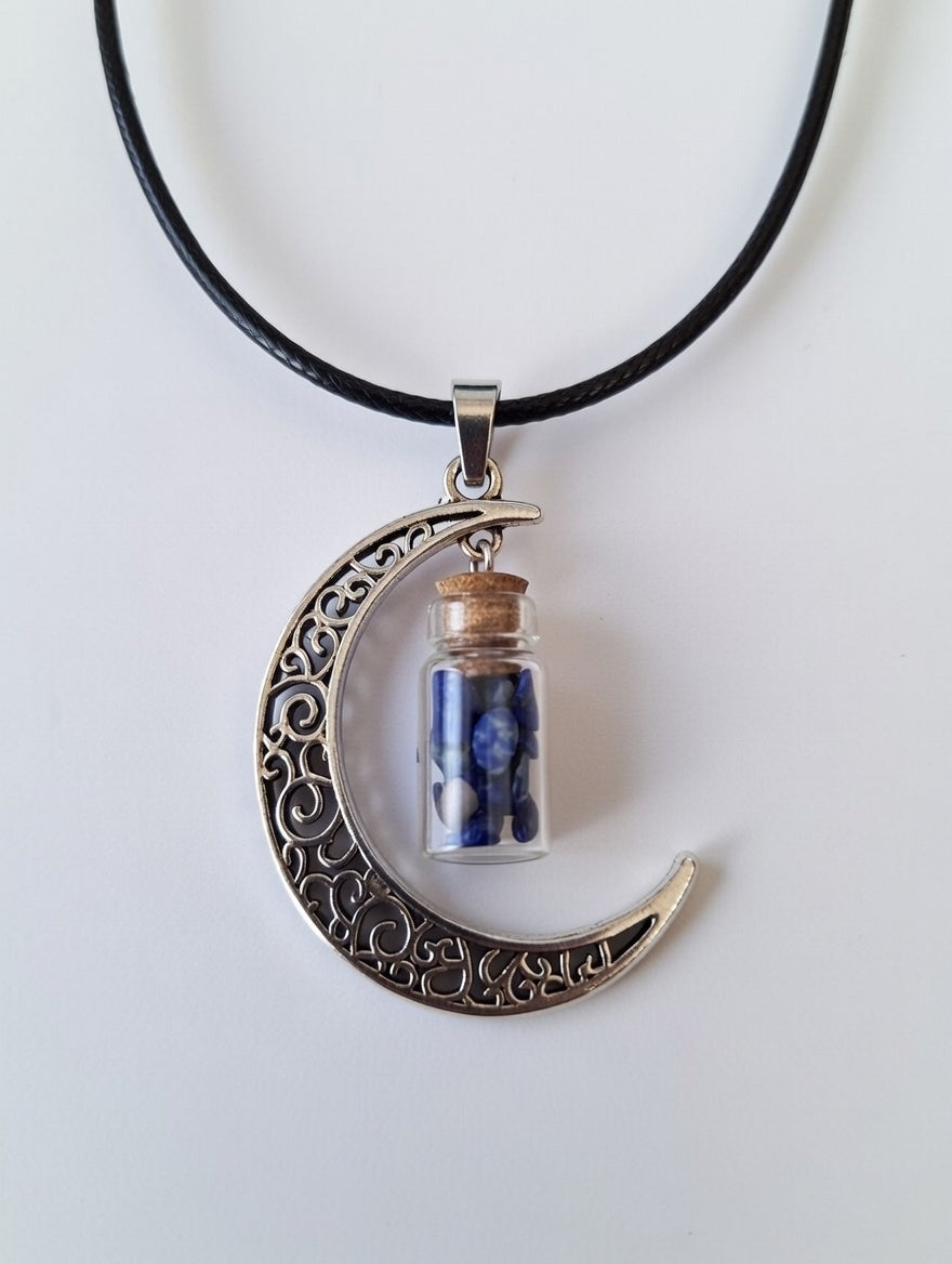 Crescent Moon Pendant with Lapis Lazuli Chip Bottle Necklace