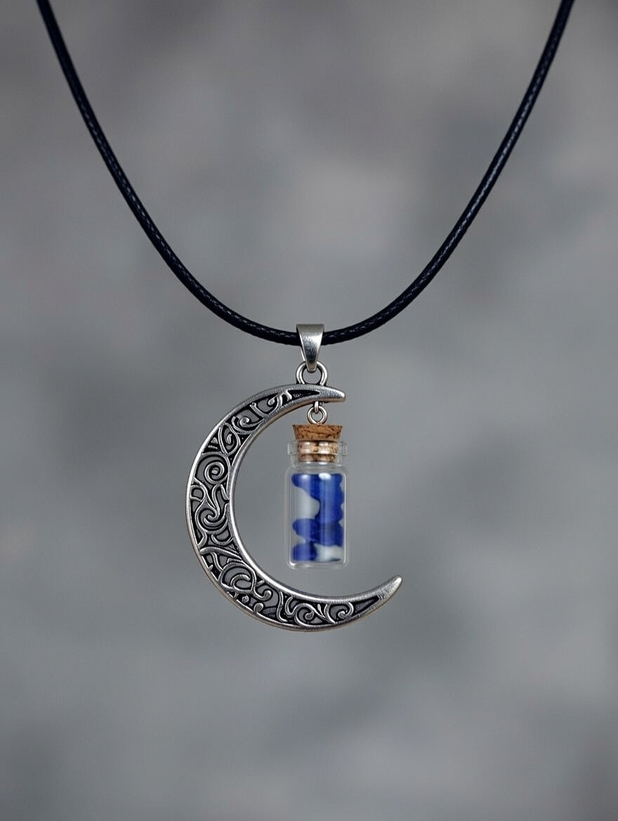 Crescent Moon Pendant with Lapis Lazuli Chip Bottle Necklace
