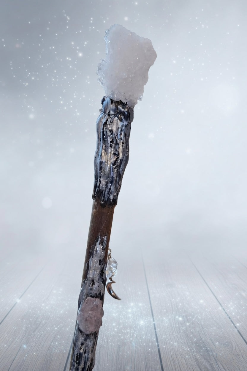 ✨ Handmade Snow Quartz Wand – Amethyst Aura Detail, Clear Quartz & Crescent Moon Charm