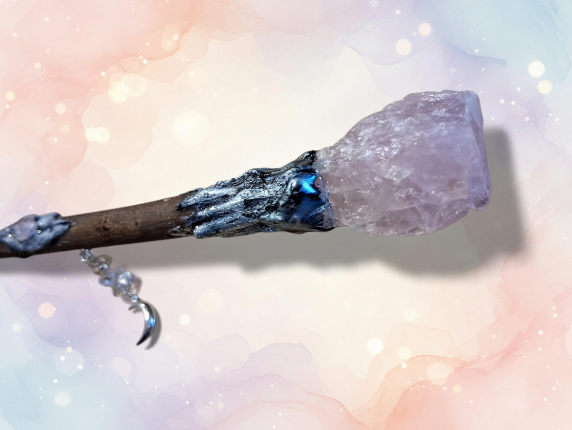 ✨ Handmade Love & Intuition Crystal Wand – Rose Quartz, Amethyst & Moon Charm on Clear Quartz Chips