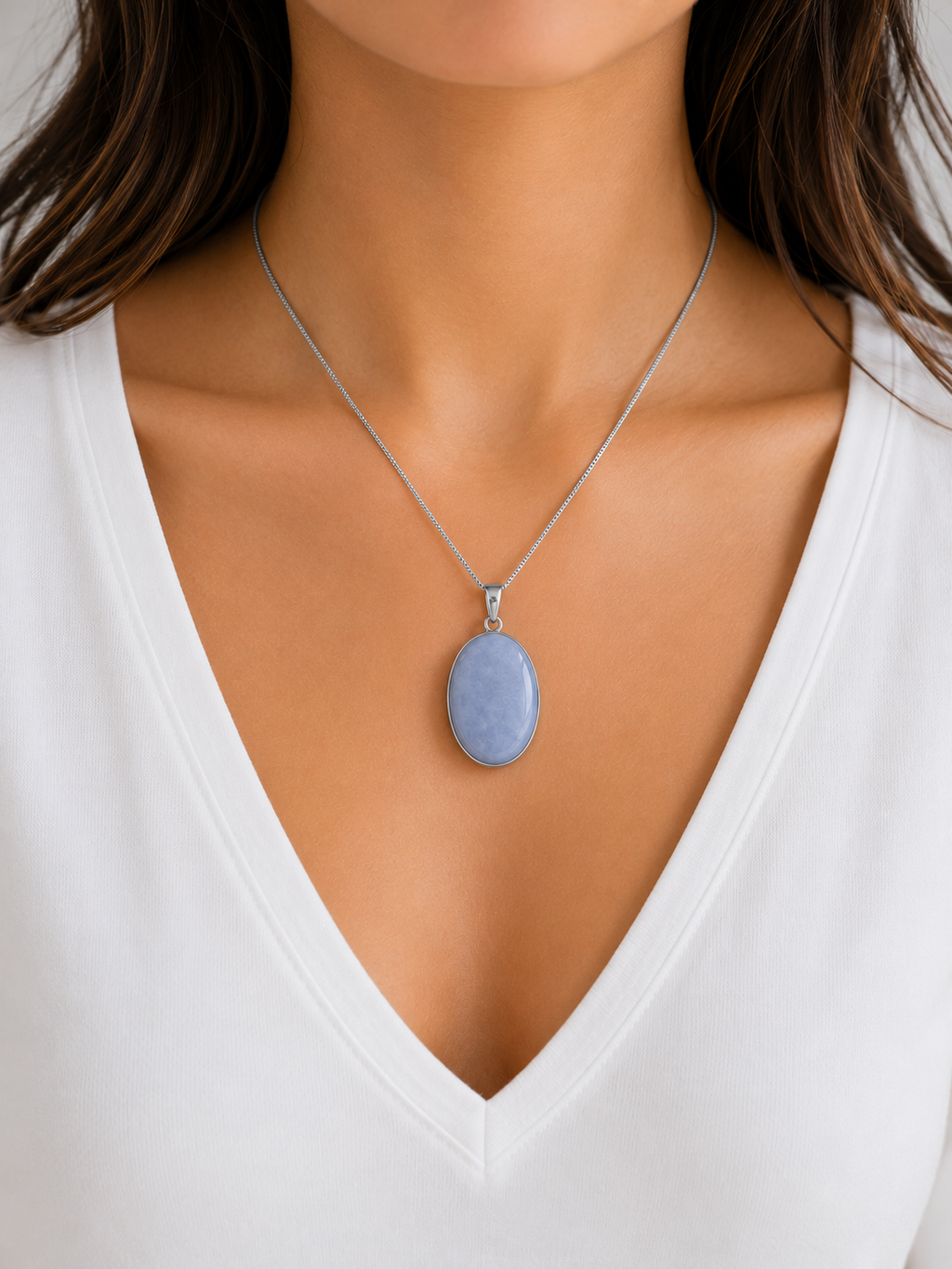Natural Angelite Sterling Silver Pendant with Sterling Silver Chain