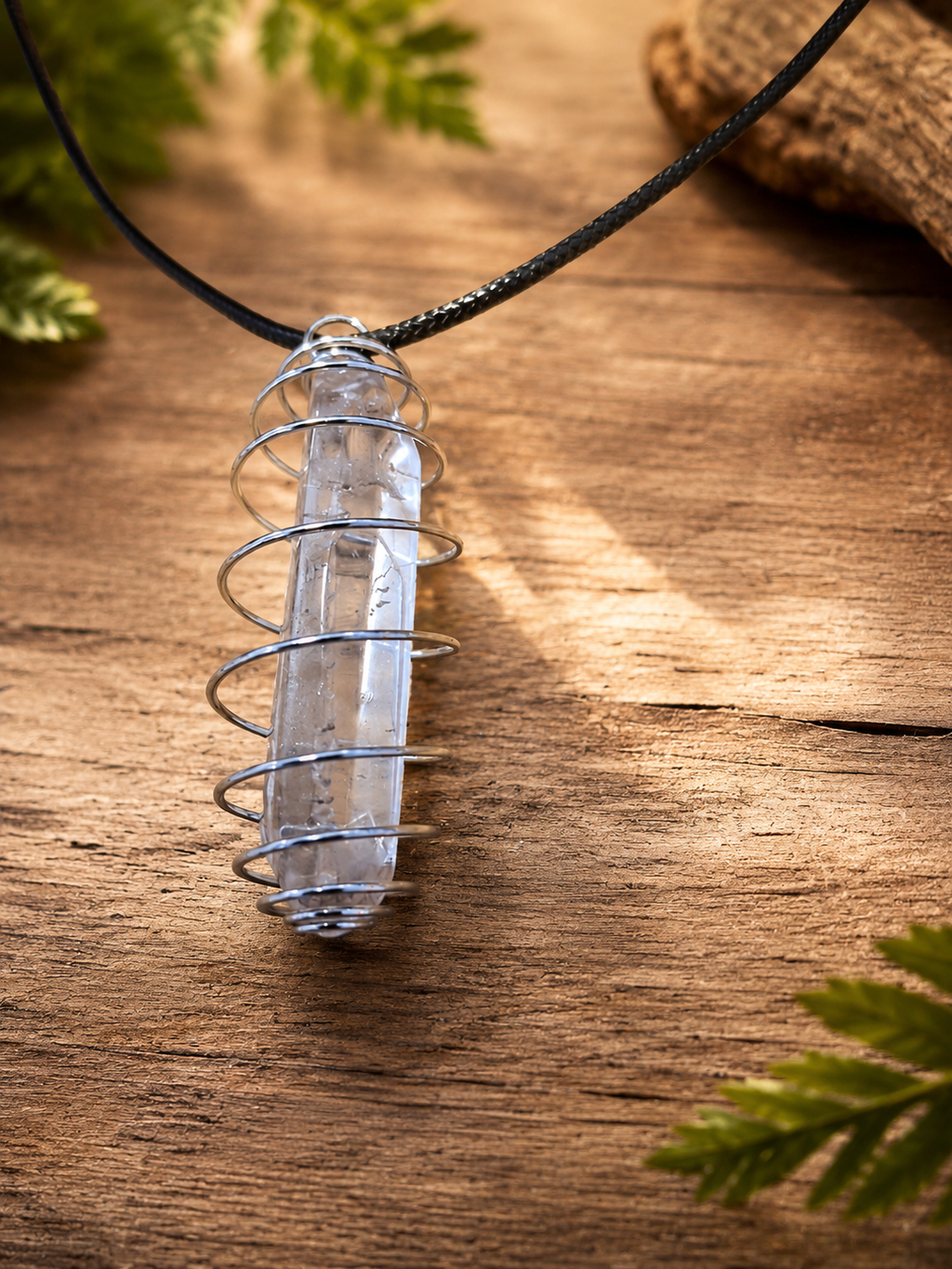 Clear Quartz Point Spiral Cage Pendant Necklace - Clear Negative Energy