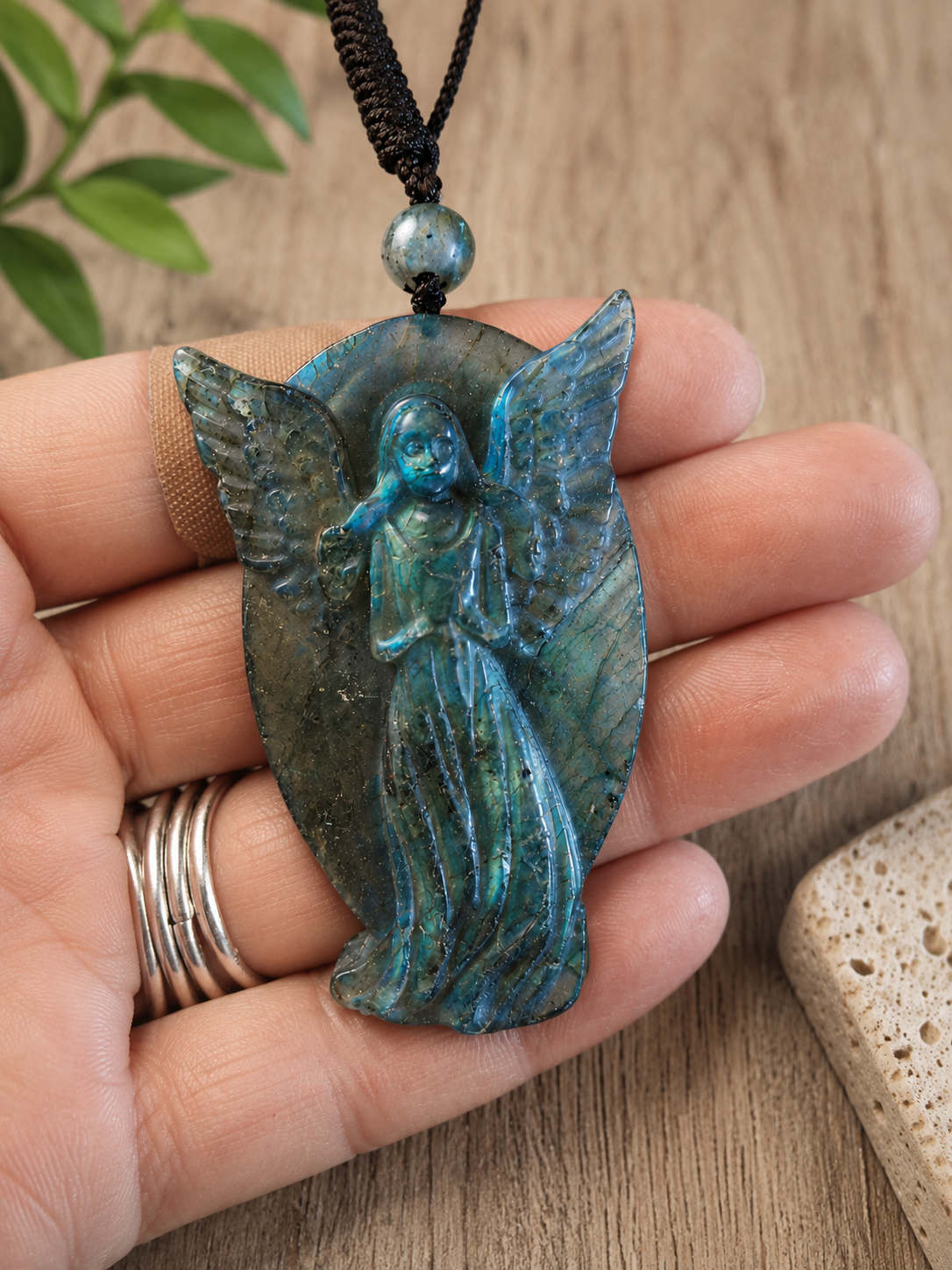 Carved Labradorite Angel Protection Pendant Necklace