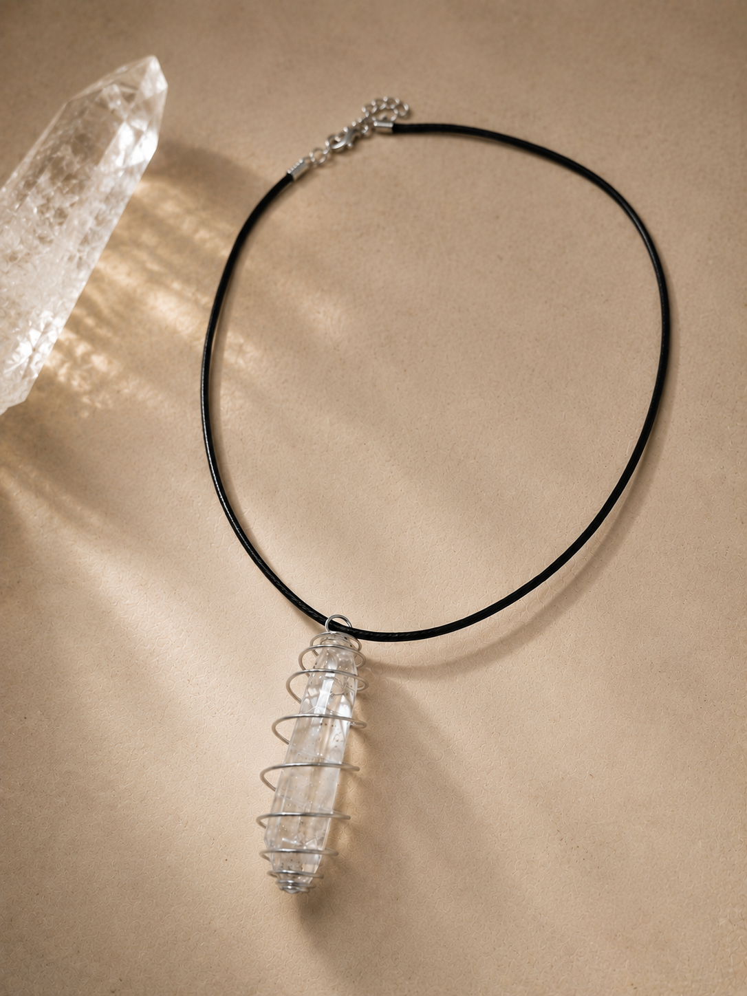 Clear Quartz Point Spiral Cage Pendant Necklace - Clear Negative Energy