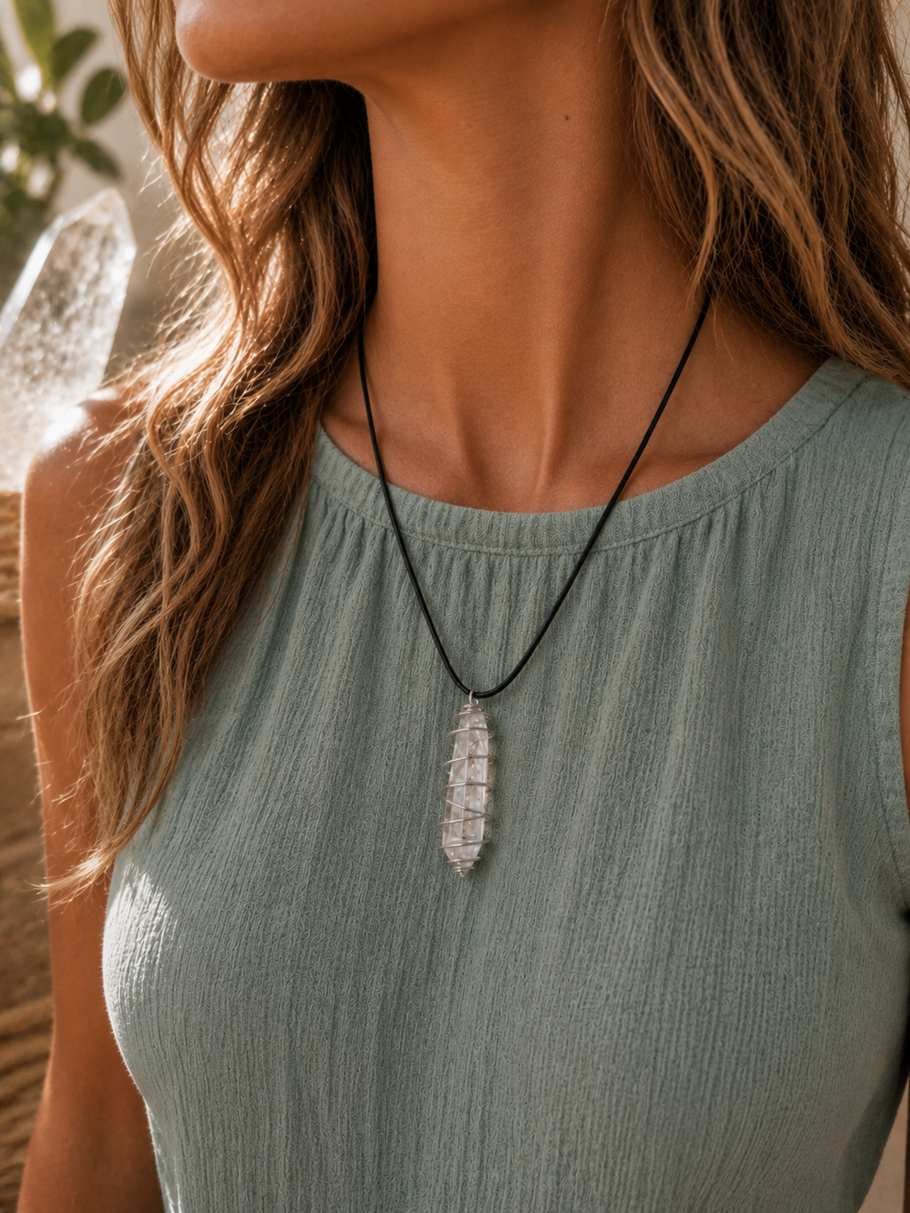 Clear Quartz Point Spiral Cage Pendant Necklace - Clear Negative Energy