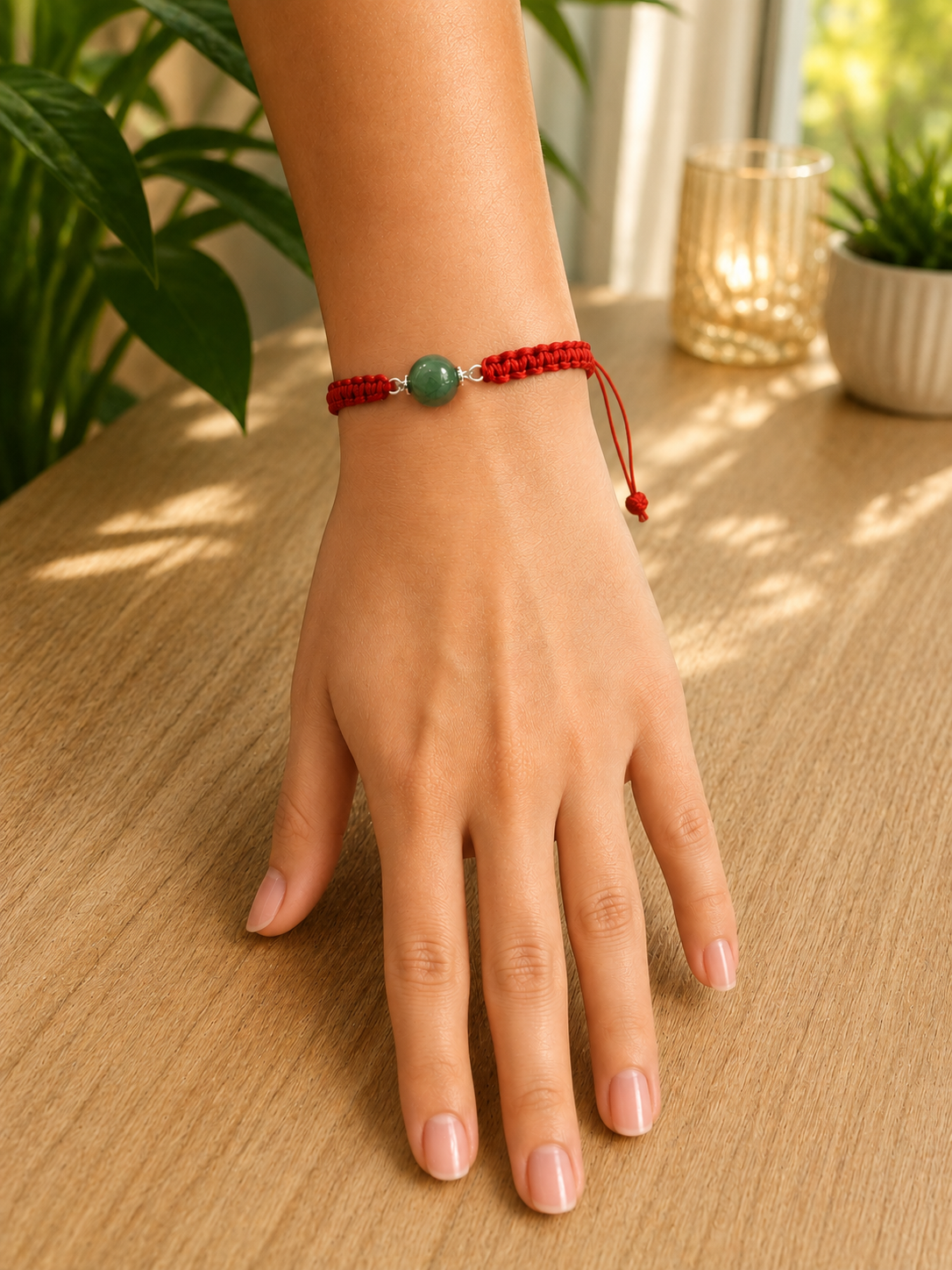 Red String Adjustable Bracelet Green Aventurine-Good Luck