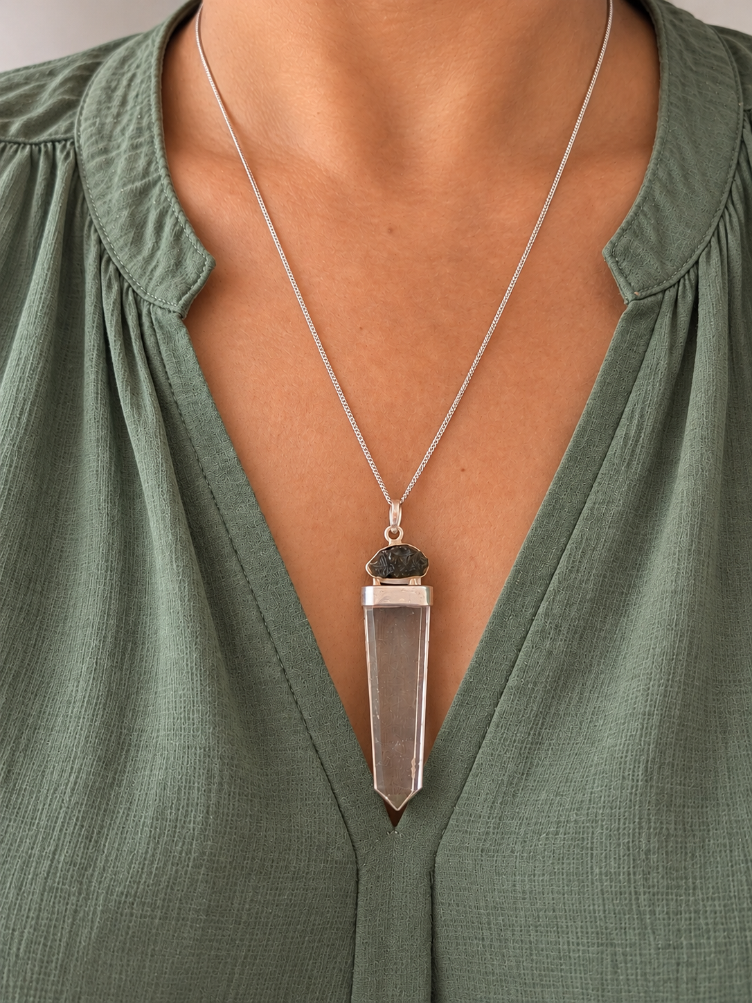 Moldavite & Clear Quartz Sterling Silver Pendant