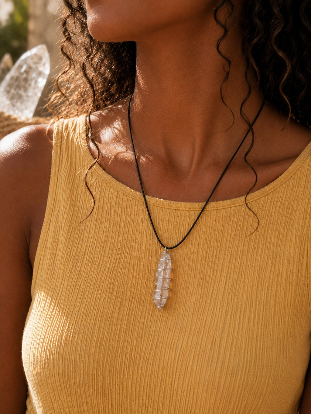 Clear Quartz Point Spiral Cage Pendant Necklace - Clear Negative Energy