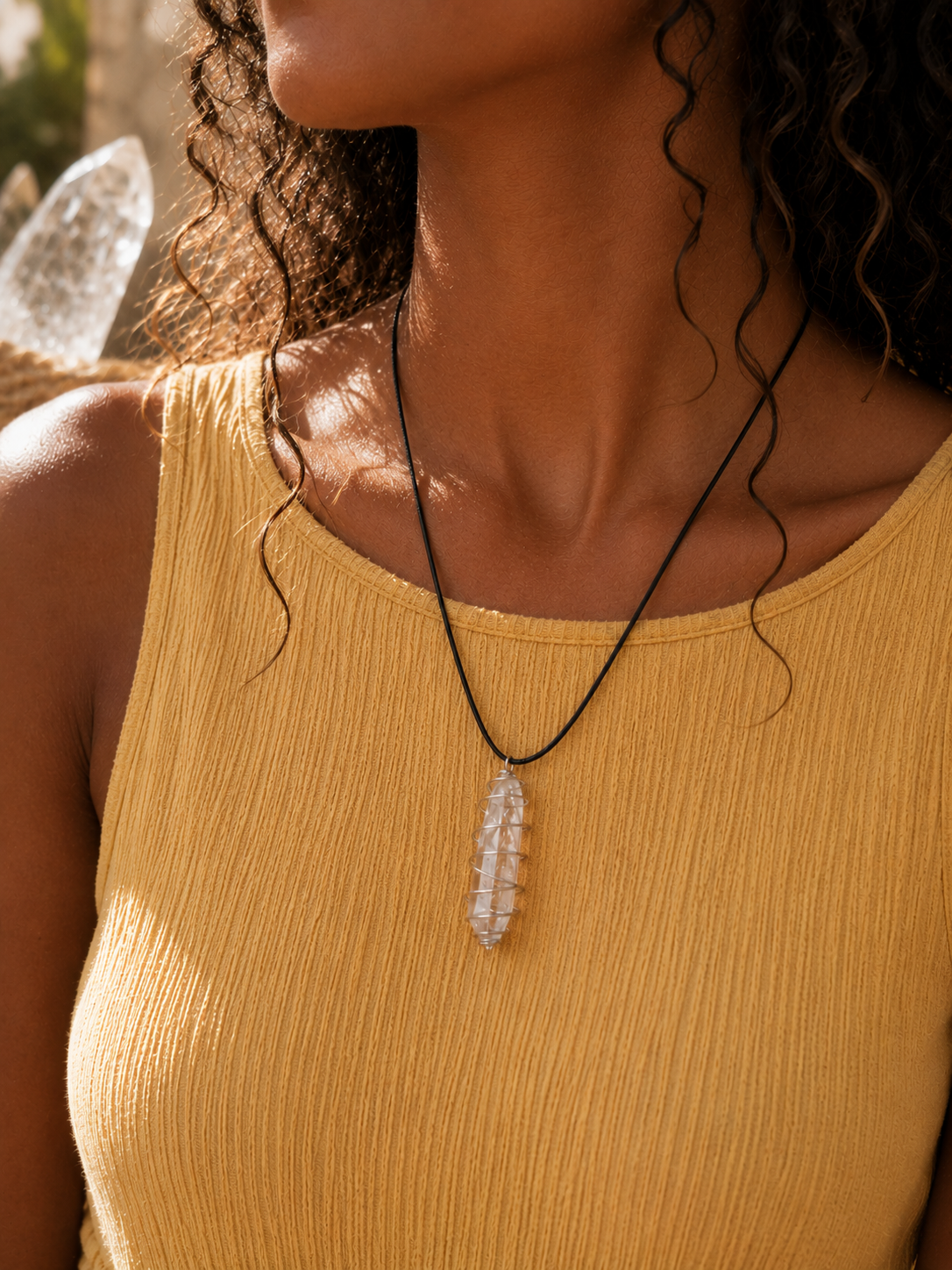 Clear Quartz Point Spiral Cage Pendant Necklace - Clear Negative Energy