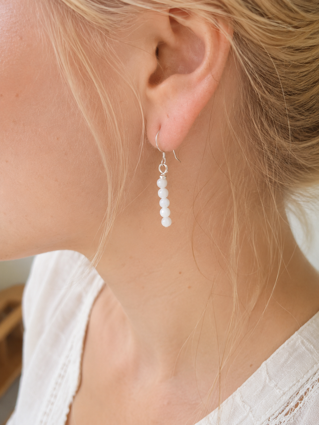 Handmade Moonstone Tiny Bead Sterling Silver Drop Earrings 925