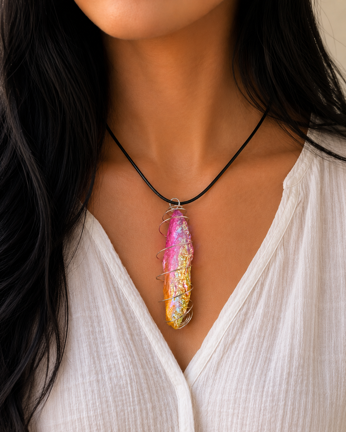 ✨ Iridescent Coated Quartz Pendant Spiral Cage Statement Piece