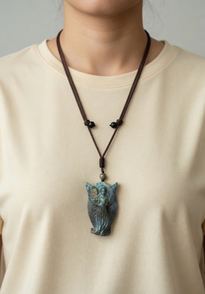 Carved Labradorite Angel Protection Pendant Necklace